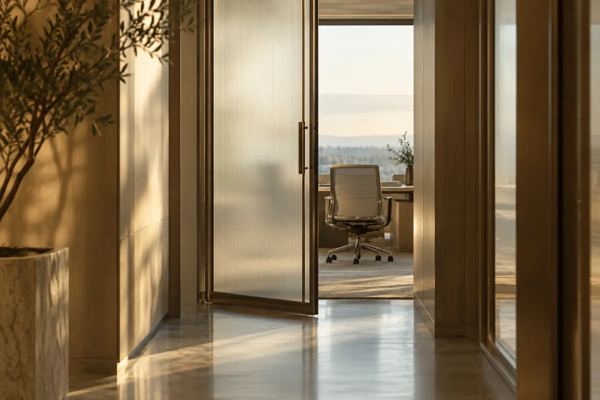 A quiet office corridor and a frosted glass door, sexual harassment in the workplace