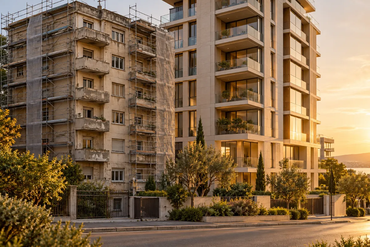 مبنى قديم بجانب برج سكني جديد، الإخلاء وإعادة البناء