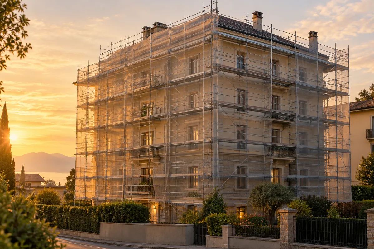 A residential building wrapped in scaffolding - planning and building proceedings