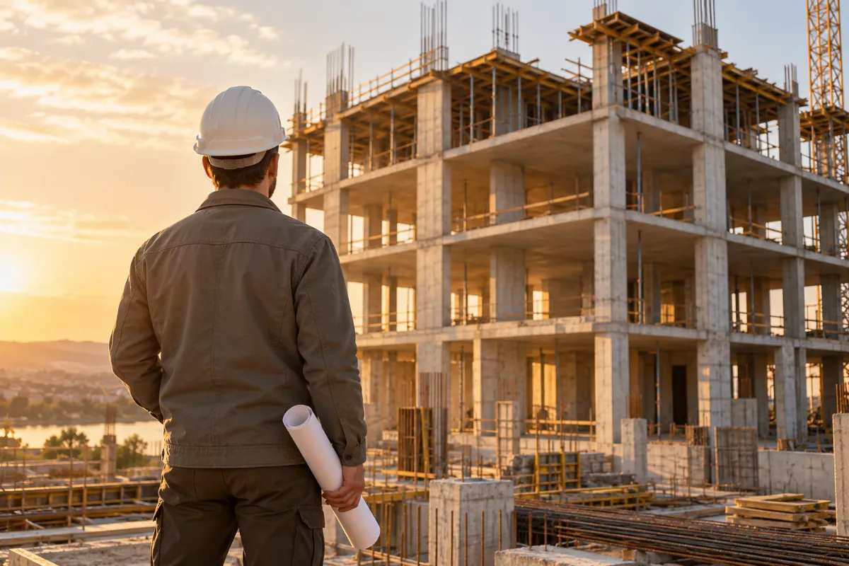 An engineer with plans facing a building frame, seen from behind - land use and planning