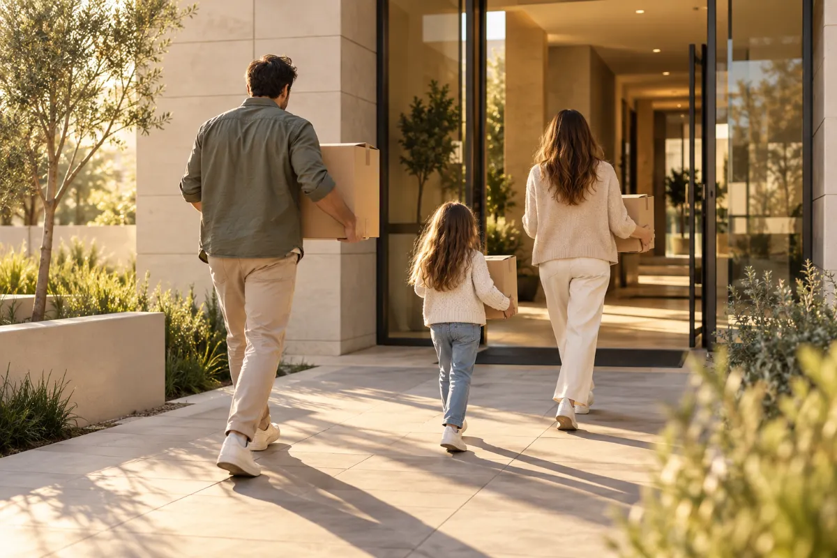 A family carrying boxes into a new building, seen from behind - moving into a new apartment