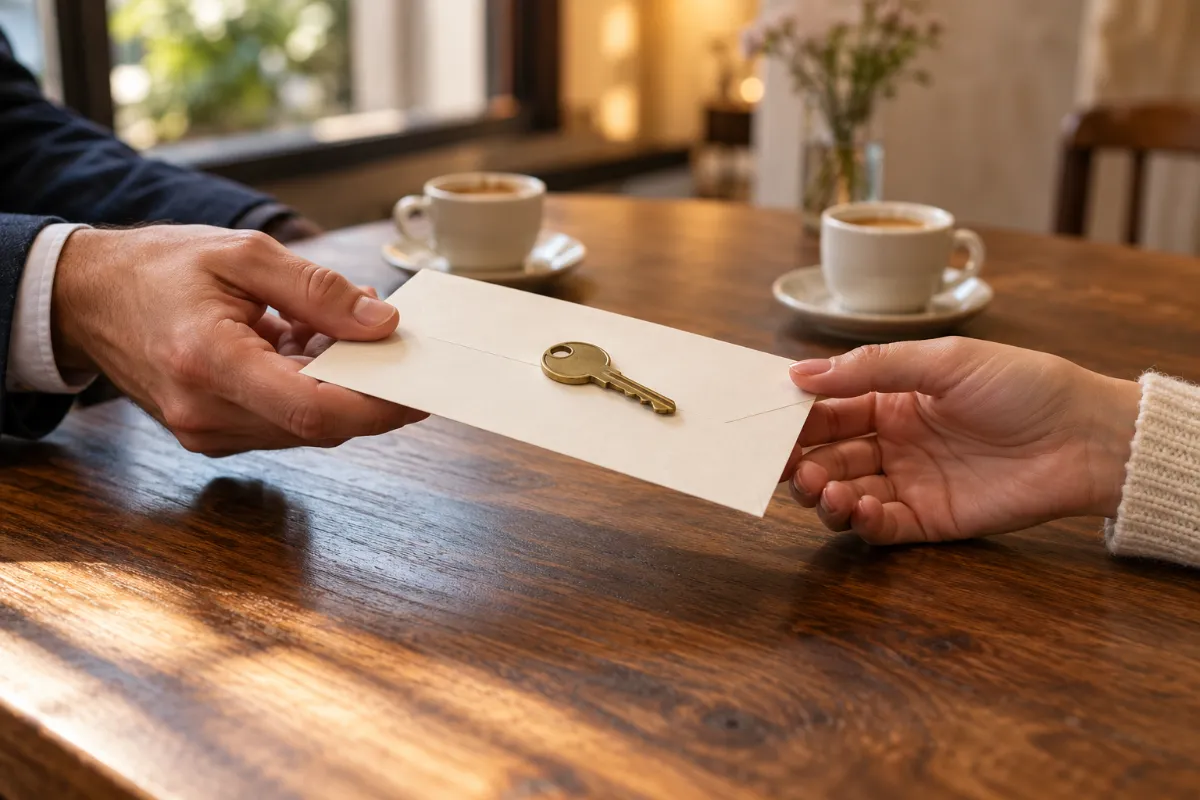 Hands passing an envelope and a key across a table - rental agreement