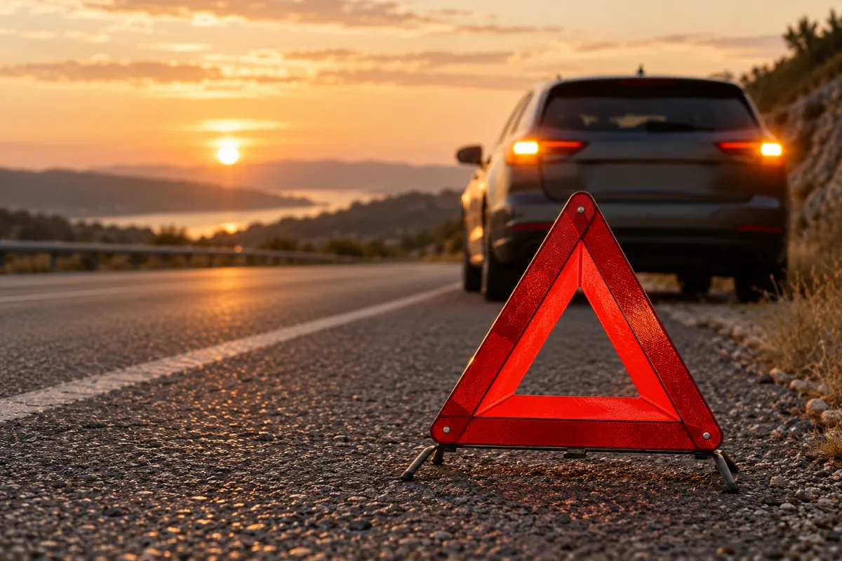 A warning triangle on the road shoulder at dusk, a road accident compensation claim