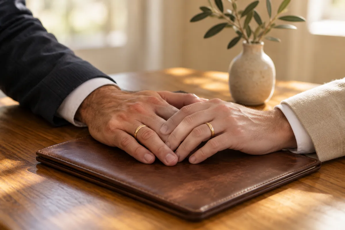 Partners' hands with wedding bands on a document folder, inheritance between same-sex partners