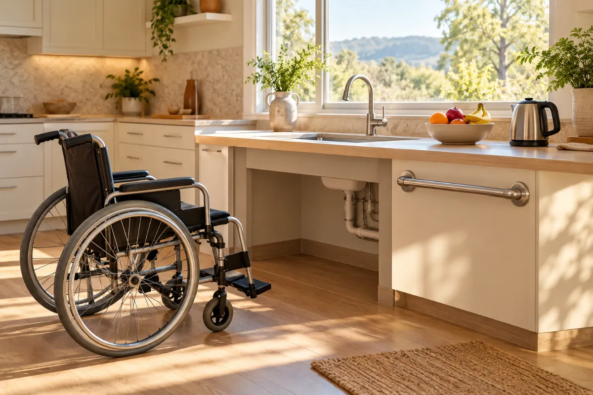 An accessible kitchen with a lowered counter and an empty wheelchair - special services benefit