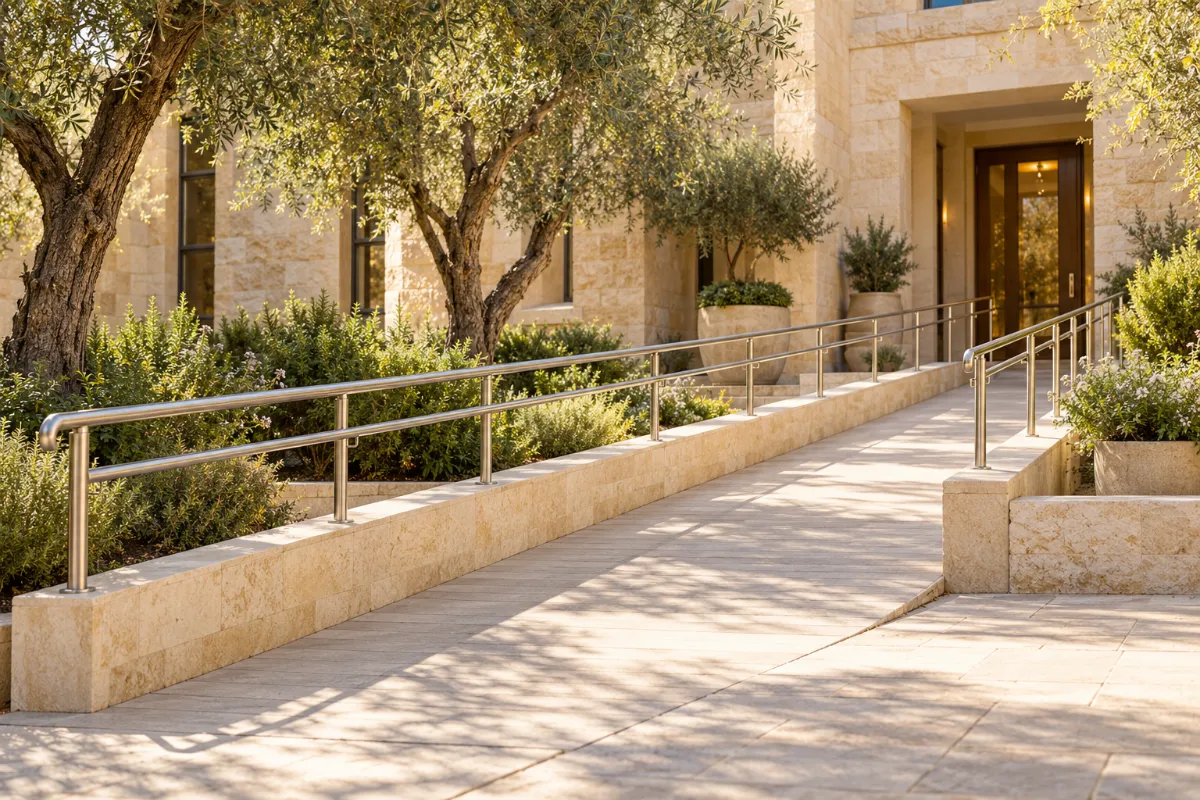 רמפת נגישות עם מעקה בכניסה לבניין אבן - נגישות וזכויות אנשים עם מוגבלות