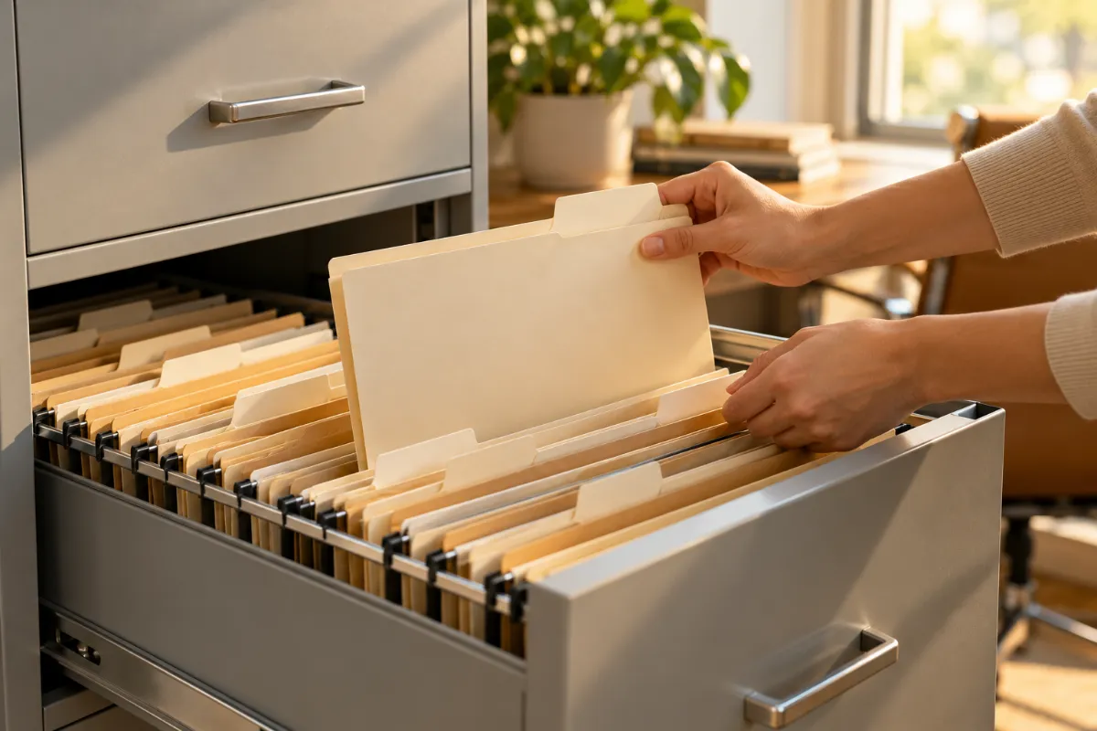 Hands pulling a folder from an archive drawer - National Insurance claims and collection