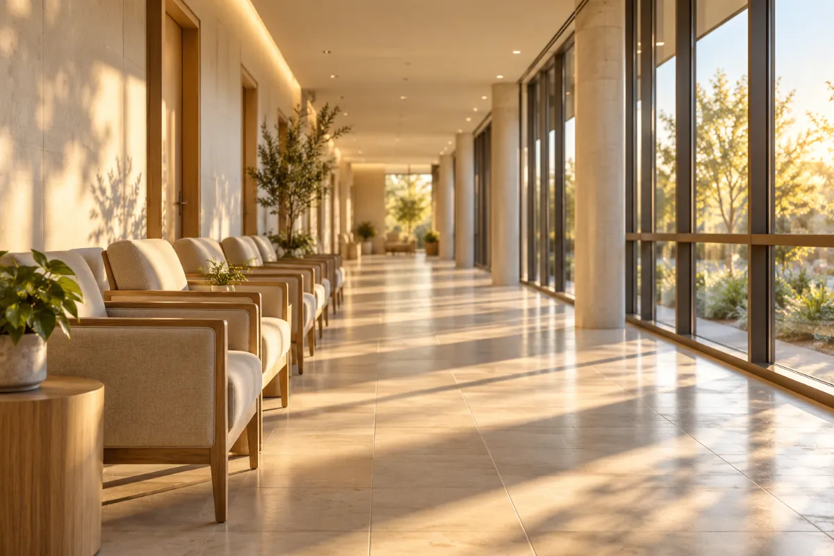 An empty clinic waiting corridor in morning light - medical committees and examinations