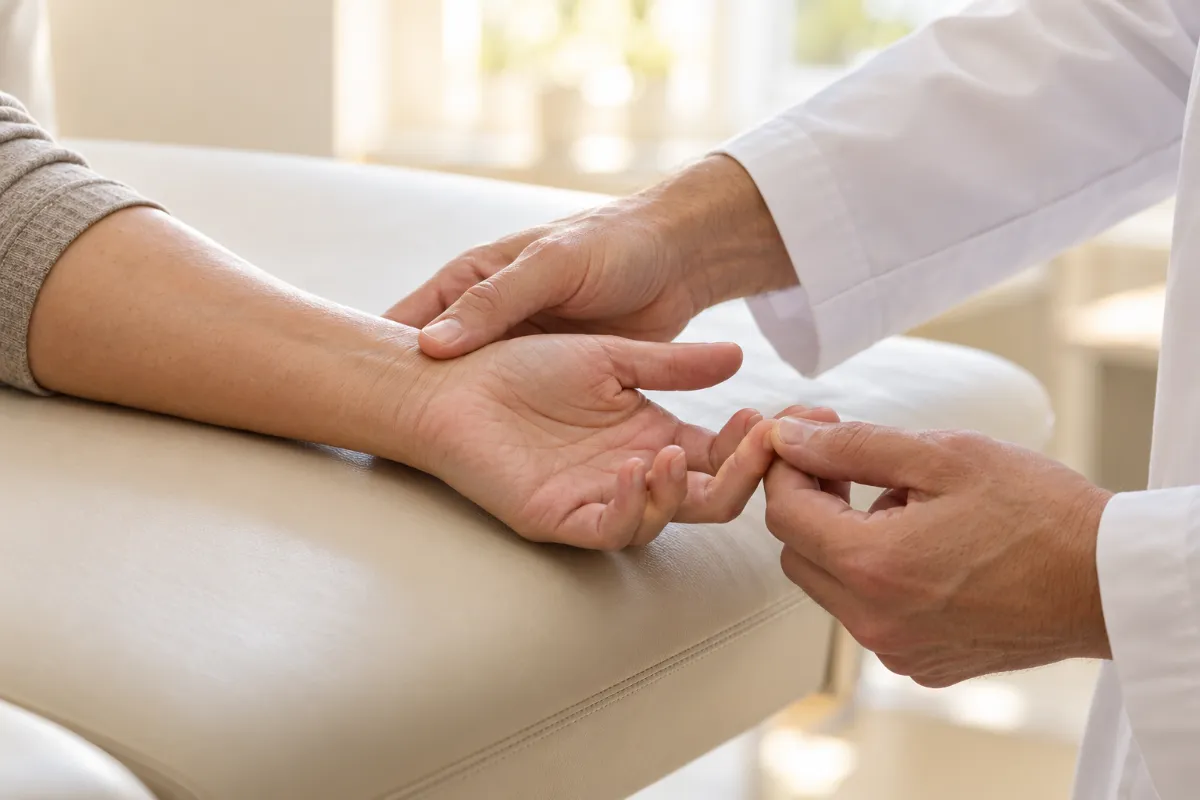 A doctor's hands examining a patient's wrist - preparing for the medical committee