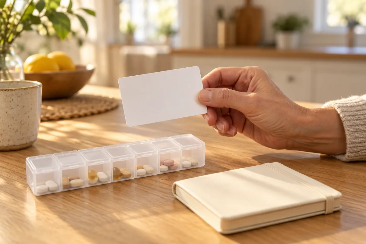A hand holding a member card above a weekly pill organizer - rights of people with disabilities