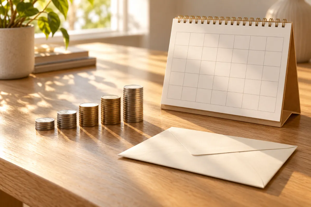 Stacks of coins beside a calendar and an envelope - benefits and monthly payments