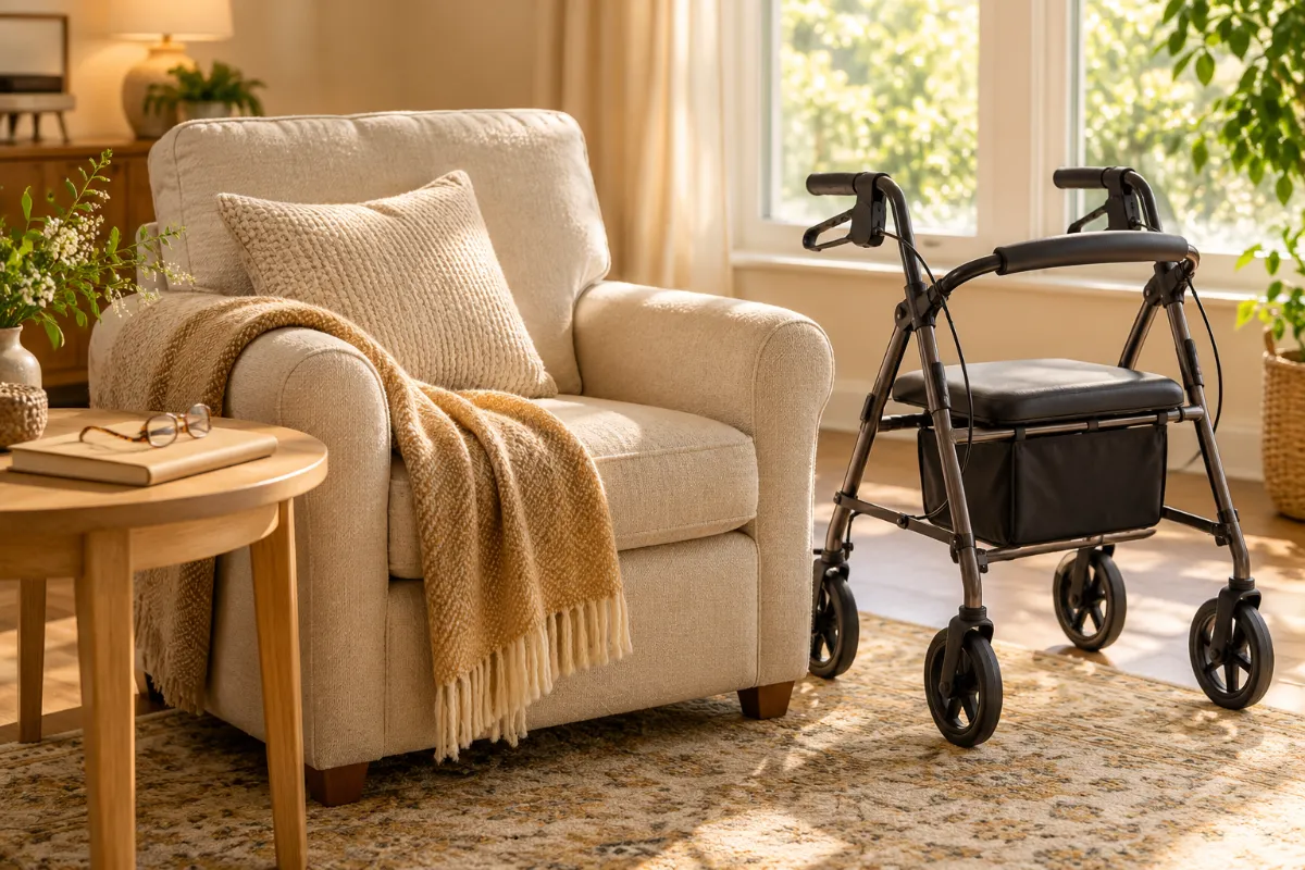 A rollator beside an armchair and a document folder - National Insurance disability pensions