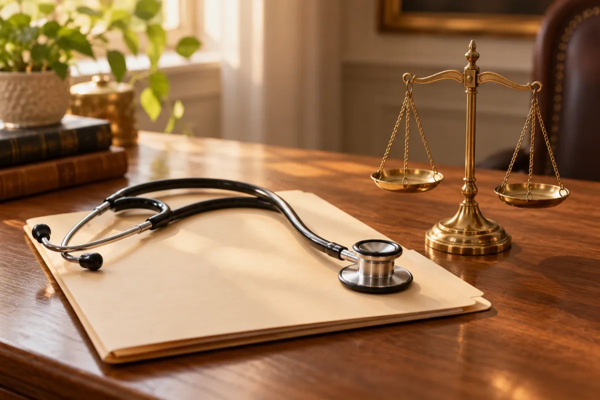 A stethoscope on a medical file beside brass scales, liability and burden of proof in medical negligence