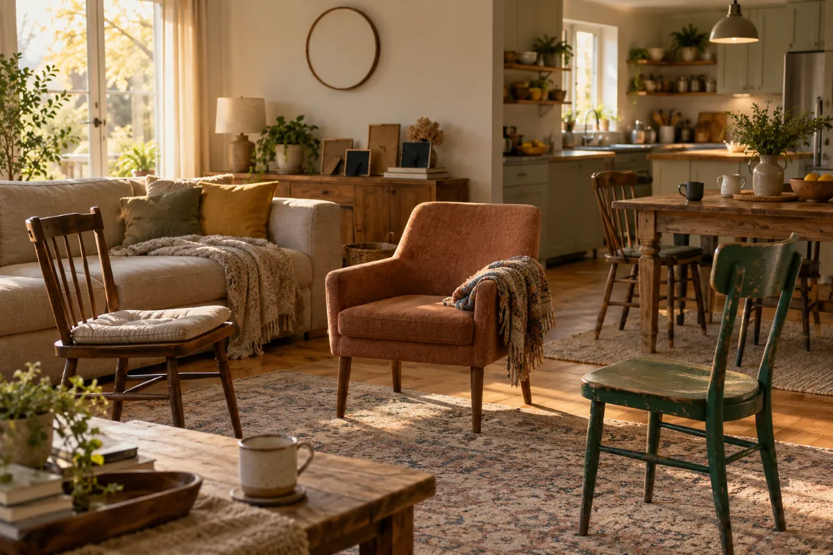 Three empty chairs facing different ways in a family living room, inheritance disputes between siblings
