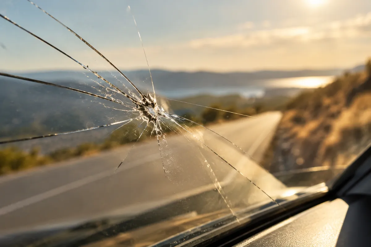 A crack in a car windshield in sunlight - absolute liability
