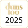 לוגו "duns 100" בצבע זהב מעל השנה "2025" באותיות שחורות מודגשות, במרכז על רקע לבן מרובע עם מסגרת זהב דקה.