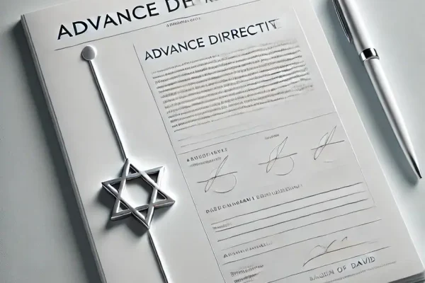 מסמך שכותרתו "הנחיה מוקדמת" על שולחן ולידו עט כסף. למסמך יש חלקים שונים, חתימות ותליון מגן דוד המוצב למעלה, המעיד על זיקה דתית או תרבותית פוטנציאלית.