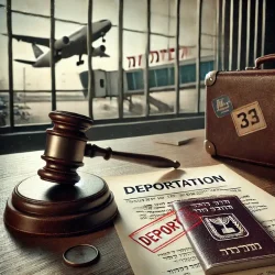 פטיש מונחת על שולחן עץ לצד מסמך המסומן "גירוש" ודרכון עם טקסט לועזי. ברקע מבעד לחלון ממריא מטוס ונראית מזוודה עם מדבקות. הסצנה מציעה החלטה שיפוטית על גירוש.