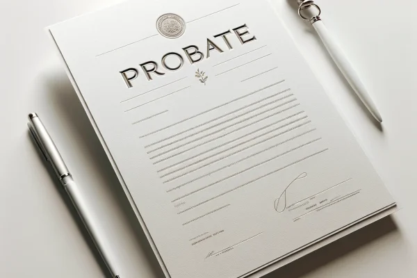 מסמך שכותרתו "צוואה" עם שדות טקסט ושורות חתימה, מונח על משטח לבן. שני עטים, אחד כסוף ואחד לבן עם חלק עליון כסוף, מונחים ליד המסמך. ההגדרה מציעה ניירת משפטית או הקשורה לעיזבון.